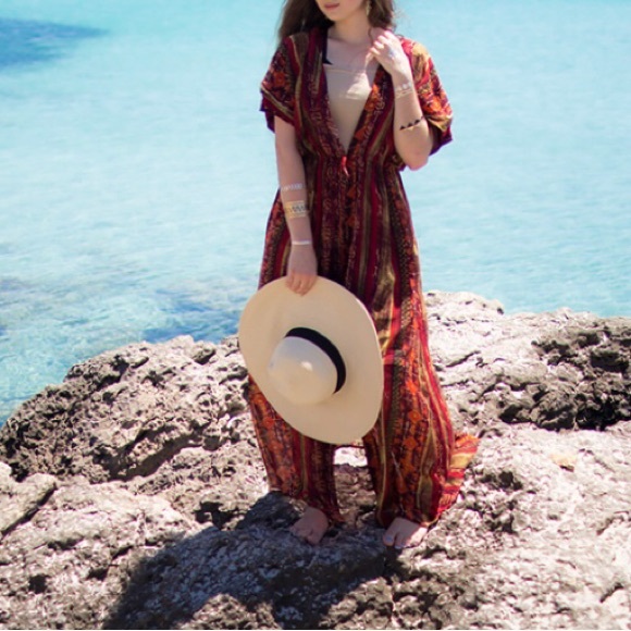 Kersh boho style print maxi with kimono sleeve plunging neckline maxi, NWOT Lrg. - Picture 10 of 10